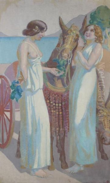 Jeux De Nausicaa: Deux Femmes Pres D'une Mule Harnachee Oil Painting by Maurice Denis