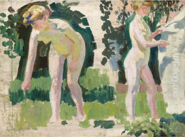 Deux Etudes De Nu En Plein Air (en Rose Et Vert) Oil Painting by Maurice Denis