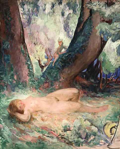 Femme nue allong dans le jardin avec Satyr (Reclining Nude in the Garden with a Satyr) Oil Painting by Henri Lebasque