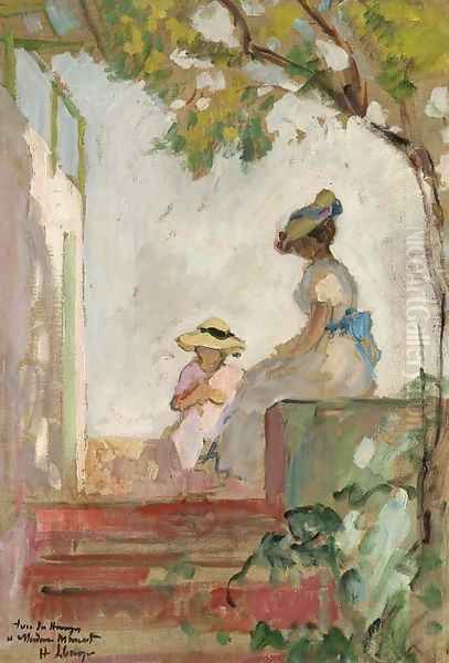 Sainte-Maxime, Madame Lebasque et sa fille sur la terrasse Oil Painting by Henri Lebasque