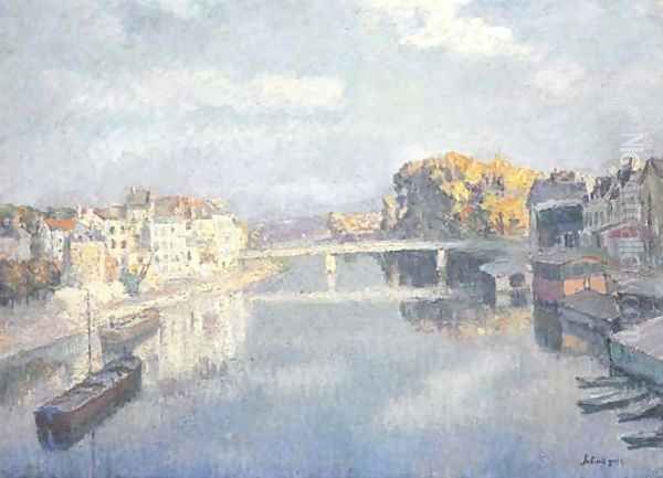 Lagny, le pont et les bateaux lavoirs sur la Marne Oil Painting by Henri Lebasque