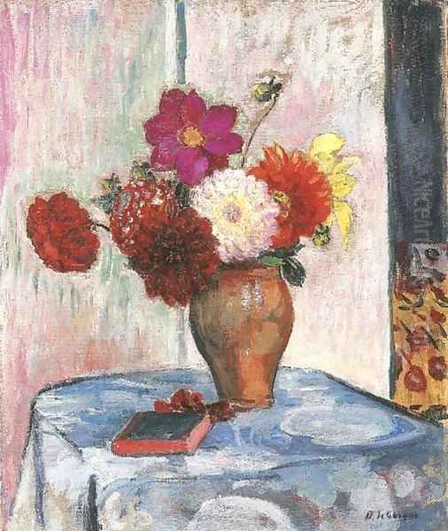 Vase de dalhias avec livre sur la table Oil Painting by Henri Lebasque