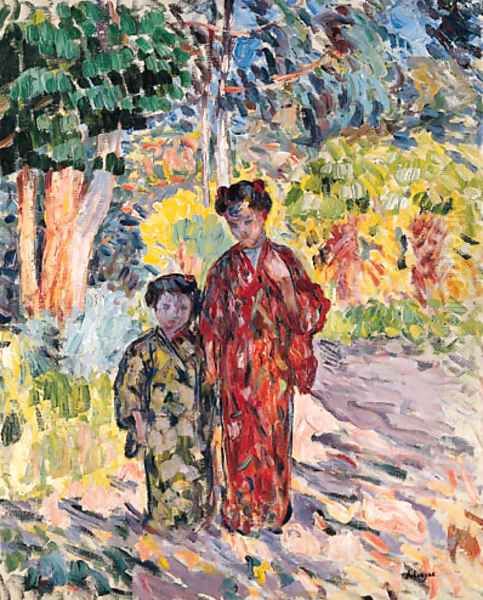 Marthe et Nono en Japonaises (Marthe and Nono dressed in Japanese Clothes) Oil Painting by Henri Lebasque