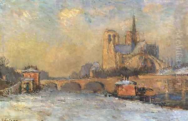 Notre-Dame and Seine, Winter Oil Painting by Albert Lebourg