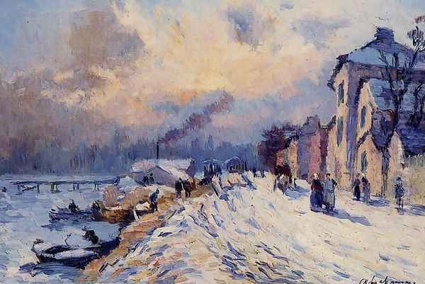 Banks of the Seine, Winter at Herblay Oil Painting by Albert Lebourg