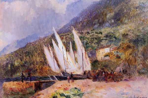 Boats Docked at Saint-Gingolph Oil Painting by Albert Lebourg