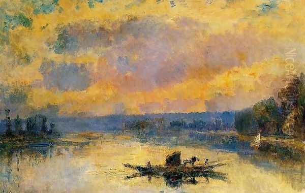 The Ferry at Bouille, Sunset Oil Painting by Albert Lebourg