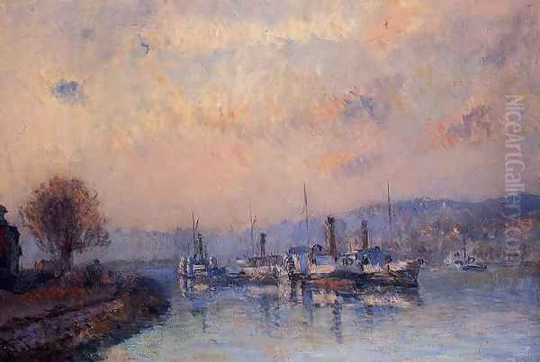 At Anchor, near Rouen Oil Painting by Albert Lebourg