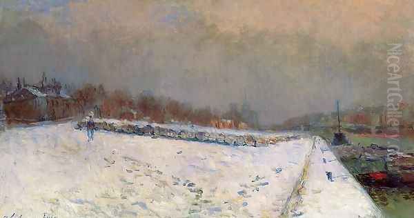 The Port of Bercy, in Winter, Snow Effect Oil Painting by Albert Lebourg