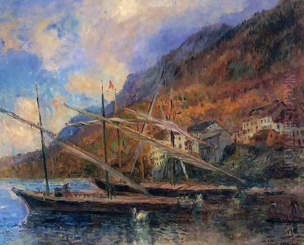 Boats by the Banks of Lake Geneva at Saint-Gingolph Oil Painting by Albert Lebourg