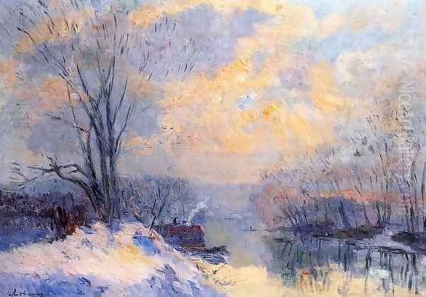 The Small Branch of the Seine at Bas Meudon, Snow and Sunlight Oil Painting by Albert Lebourg