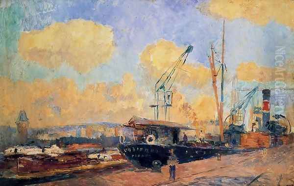 Steamers and Barges in the Port of Rouen, Sunset Oil Painting by Albert Lebourg