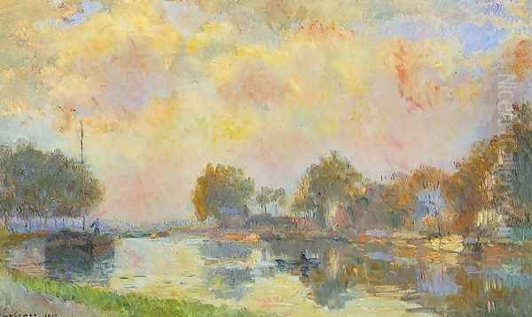 The Banks of the Canal at Charenton, Sunny Autumn Afternoon Oil Painting by Albert Lebourg