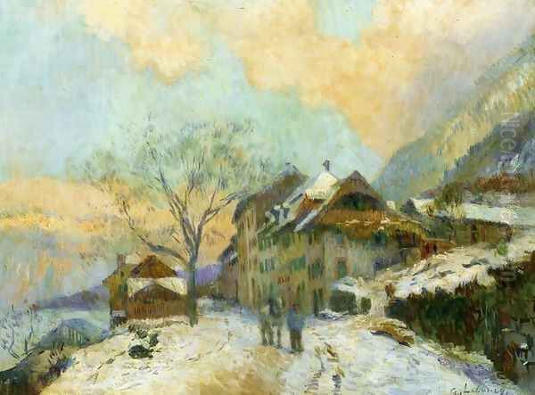 The Banks of Lake Geneva at Saint-Gingolph, in winter, with Snowy Weather Oil Painting by Albert Lebourg