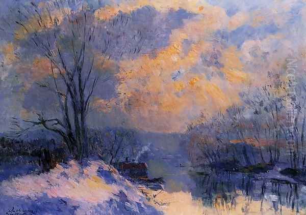 The Small Branch of the Seine at Bas-Meudon: Snow and Wiinter Sun Oil Painting by Albert Lebourg