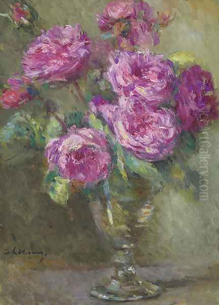 Bouquet de roses dans un verre à pied Oil Painting by Albert Lebourg