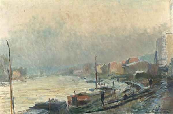 La Seine au Bas-Meudon, en hiver effet de neige et de gele Oil Painting by Albert Lebourg