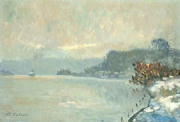 Neige à La Bouille (un bateau à vapeur en amont) Oil Painting by Albert Lebourg