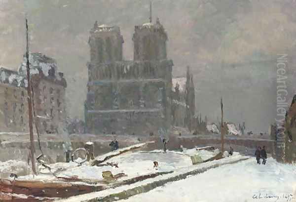 Notre-Dame de Paris, vue prise du quai Saint-Michel, en hiver, par temps de neige Oil Painting by Albert Lebourg