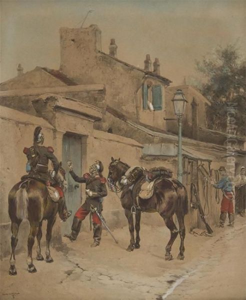 Officiers De Cavalerie Sonnant A La Porte Oil Painting by Jean Baptiste Edouard Detaille