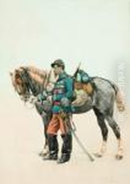 Soldat Nourrissant Son Cheval Oil Painting by Jean Baptiste Edouard Detaille