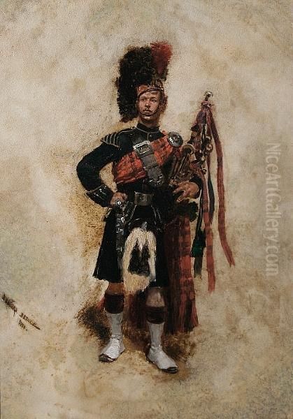 Scottish Soldier With Bagpipes Oil Painting by Jean Baptiste Edouard Detaille