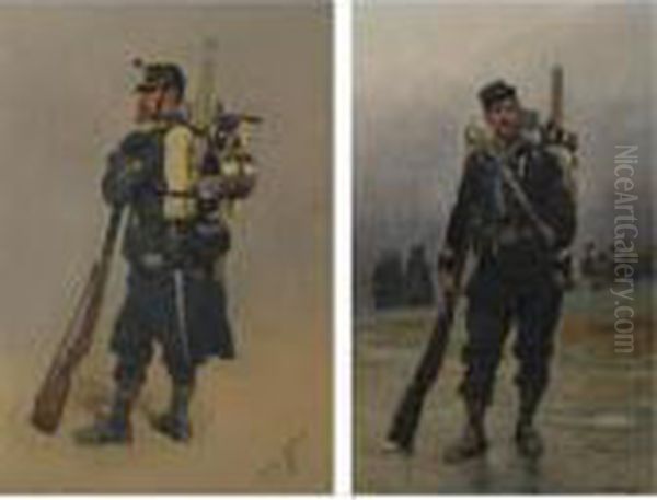 Works From The Collection Of Stanley J. Seeger
 

 
 
 

 
 Un Soldat De L'infanterie; Un Soldat Avec Son Equipement: Two Paintings Oil Painting by Jean Baptiste Edouard Detaille