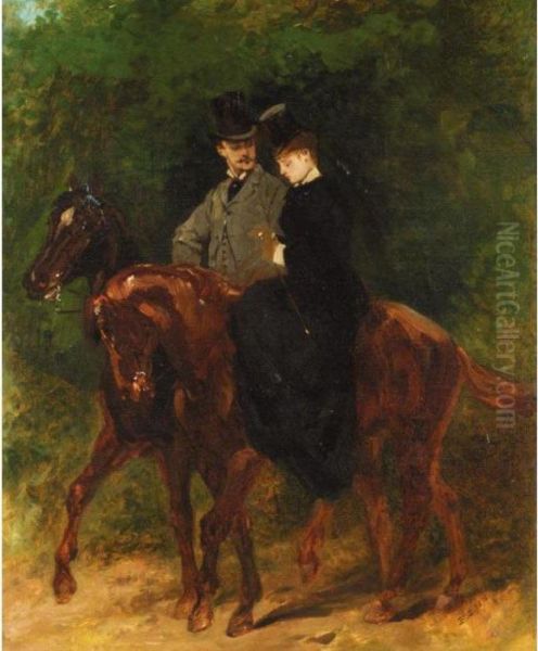 A Couple Out Riding Oil Painting by Jean Baptiste Edouard Detaille