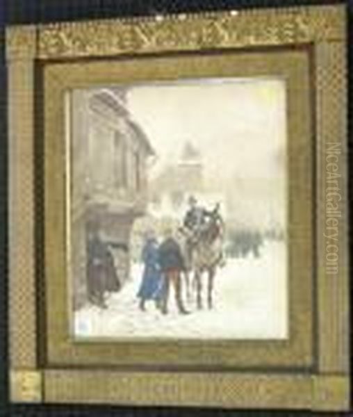 Officers On A Snow Covered Street Oil Painting by Jean Baptiste Edouard Detaille