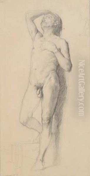 A Standing Male Nude Academy Oil Painting by Jean Baptiste Edouard Detaille