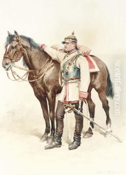 A Cavalry Soldier Oil Painting by Jean Baptiste Edouard Detaille