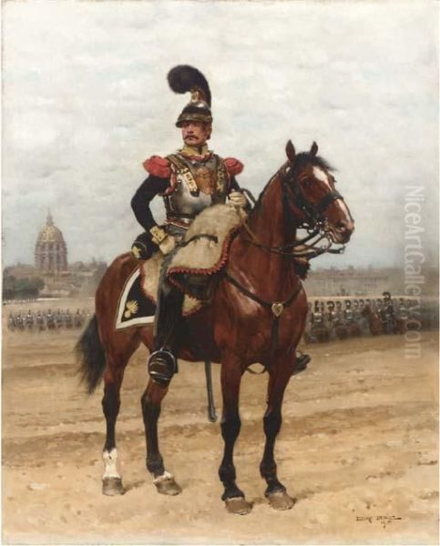 A Trooper Of The Cuirassiers With Les Invalides Beyond Oil Painting by Jean Baptiste Edouard Detaille