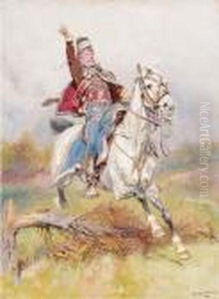 A French Cavalryman On Horseback Oil Painting by Jean Baptiste Edouard Detaille