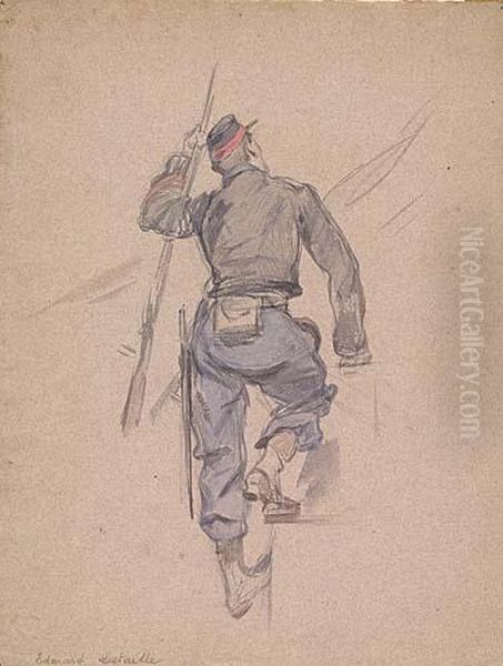 A Soldier Climbing, Seen From Behind Oil Painting by Jean Baptiste Edouard Detaille