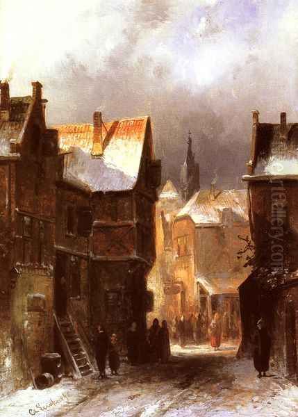 A Dutch Town in Winter Oil Painting by Charles Henri Joseph Leickert