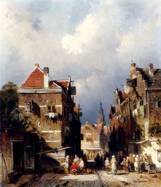 A Dutch Street Scene Oil Painting by Charles Henri Joseph Leickert