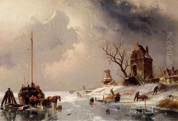 Figures Loading A Horse-Drawn Cart On The Ice Oil Painting by Charles Henri Joseph Leickert