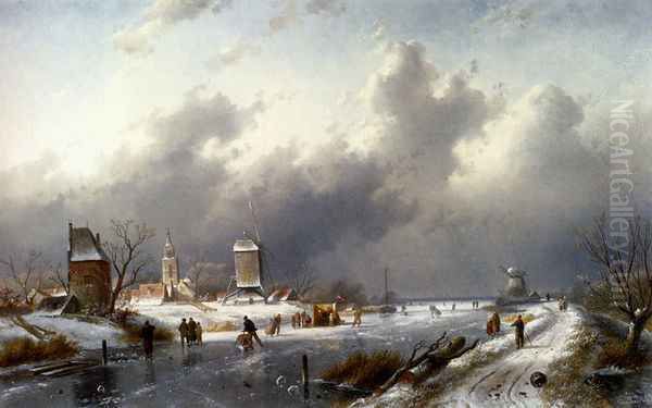 A Frozen Winter Landscape With Skaters Oil Painting by Charles Henri Joseph Leickert