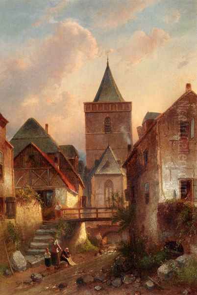 View In A German Village With Washerwomen Oil Painting by Charles Henri Joseph Leickert