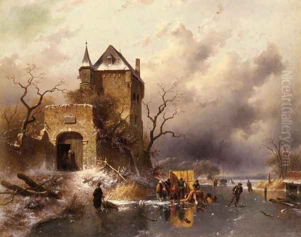 Skaters on a Frozen Lake by the Ruins of a Castle Oil Painting by Charles Henri Joseph Leickert