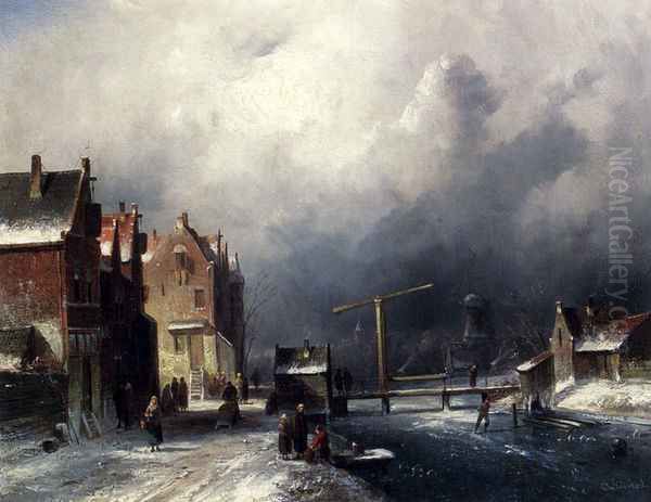 Figures In A Dutch Town By A Frozen Canal Oil Painting by Charles Henri Joseph Leickert