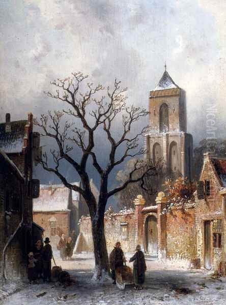 A Village Snow Scene Oil Painting by Charles Henri Joseph Leickert