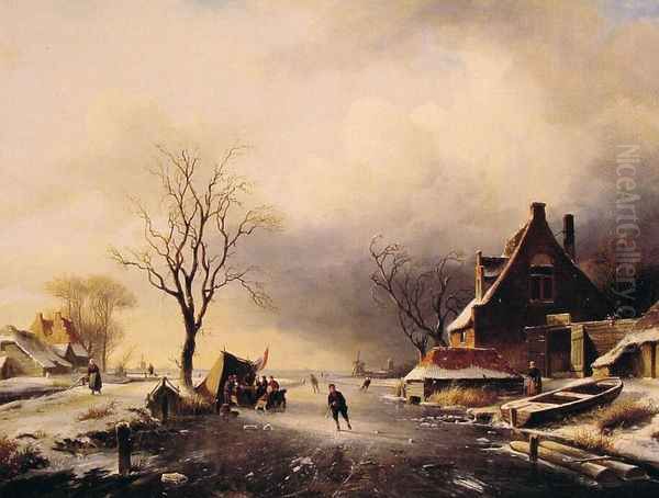 Winter Scene with Skaters Oil Painting by Charles Henri Joseph Leickert