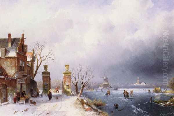 A Sunlit Winter Landscape Oil Painting by Charles Henri Joseph Leickert