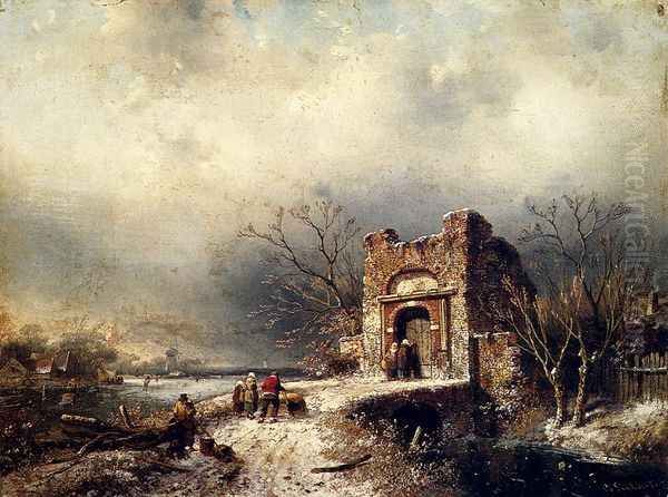 Villagers On A Frozen Path Oil Painting by Charles Henri Joseph Leickert