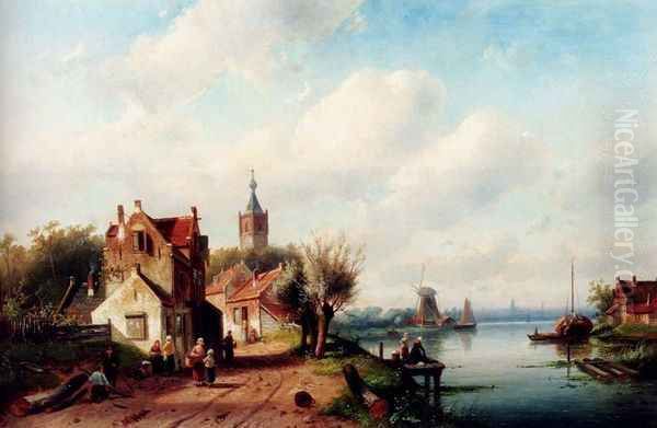 A Village Along A River, A Town In The Distance Oil Painting by Charles Henri Joseph Leickert