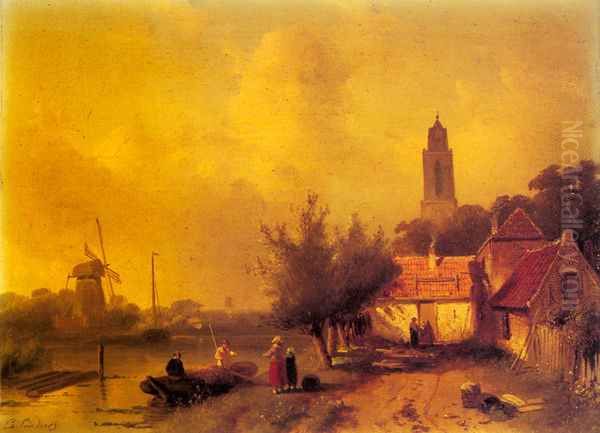 A River Landsacpe with Figures Oil Painting by Charles Henri Joseph Leickert