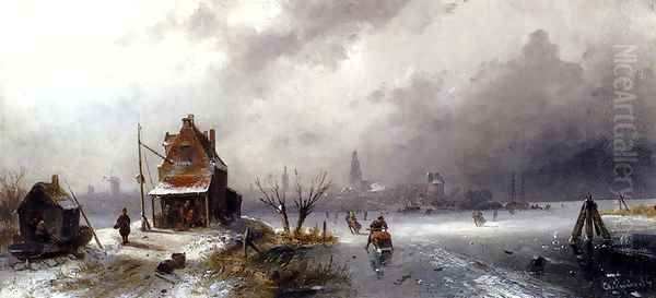 Figures On A Frozen Lake Oil Painting by Charles Henri Joseph Leickert