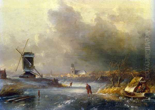 Winter Landscape with Skaters on a Frozen River Oil Painting by Charles Henri Joseph Leickert