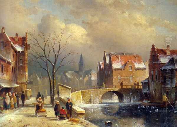 Winter Villagers on a Snowy Street by a Canal Oil Painting by Charles Henri Joseph Leickert